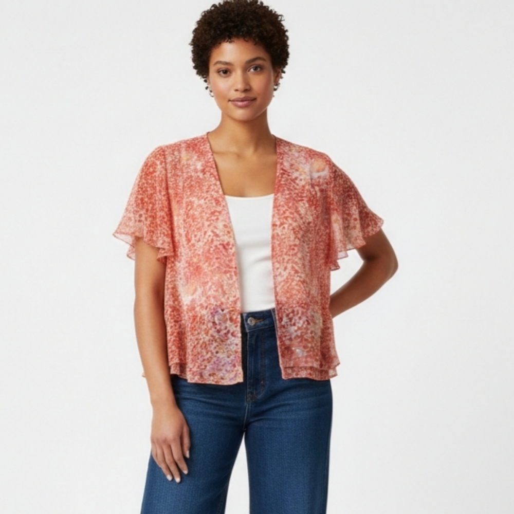 Maggie Barnes Flutter Sleeve Top Woman 4X 30W Peach Orange Open Front Semi Shear